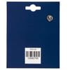 A small, round, silver-toned backing on a blue card with a barcode and product number at the bottom.