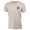 Beige short-sleeve t-shirt with a small circular logo in blue on the upper left side.