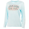 Light blue long-sleeve shirt with Ron Jon Surf Shop printed in floral letters on the chest.