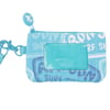 A small blue zippered pouch with a clear ID window, a printed surf design, and an attached blue lanyard clip.