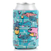 A beverage can in a colorful coozie with cartoon-style graphics, including a pineapple, sharks, and retro designs, accompanied by text and logos.