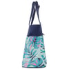 Side view of a tote bag with a floral design in blue, green, and pink. The bag has dark blue handles and a top section.