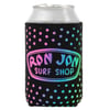 A can in a black Ron Jon Surf Shop coozie with a colorful gradient logo and polka dot pattern.