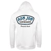 White hoodie with Ron Jon Surfboards logo and Pensacola Beach text on the back.