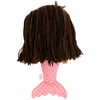 A mermaid doll with long brown yarn hair and a pink polka dot tail, shown from the back.