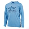 Light blue long-sleeve hooded shirt with a shark graphic and Ron Jon Surf Shop text on the front.