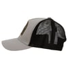 Gray and black baseball cap with a mesh back and a rectangular patch on the front. Side view.