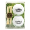 Two golf balls, two tees, and a Ron Jon marker, in a package.