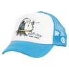 A blue and white mesh trucker hat with a design of a skeleton surfing a wave and text reading Ron Jon Surf Shop.