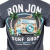 Navy t-shirt featuring a vintage woodie car with a surfboard, palm trees, and the text Ron Jon Surf Shop, Cocoa Beach, Fla.