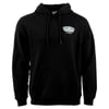 Black hoodie with a small Ron Jon Surf Shop logo on the chest. It features a front pocket and drawstring hood.