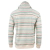 Back view of a long-sleeve hoodie with multicolored horizontal stripes in pastel shades against a white background.