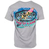 Back view of a gray T-shirt featuring a colorful Ron Jon Surf Shop One of a Kind Cocoa Beach, Fla. graphic with a surfboard design.