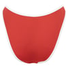 Red high-waisted bikini bottom with white trim and vertical ribbed texture.
