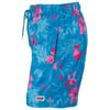 Blue and pink floral swim trunks with a drawstring and elastic waistband.
