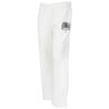White sweatpants with an elastic waistband and a small logo and text on the left thigh.