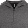 A close-up view of a gray hooded sweatshirt with a quarter-zip front and a black tag visible at the neckline.