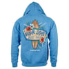 Blue hoodie featuring a Ron Jon Surf Shop logo with a surfboard and tropical flowers. Pensacola Beach text below.