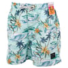 Light blue floral swim trunks with tropical patterns, featuring palm trees, waves, and yellow flowers. White drawstring at the waist, a tag attached at the top.