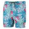 Colorful swim trunks with a tropical pattern featuring pineapples and flowers. Drawstring waistband and a small circular logo on the bottom left leg.