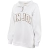 White sweatshirt with a partial zip and raised letters spelling RON JON across the front.