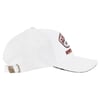 A white baseball cap with an adjustable strap and metal clasp, featuring an embroidered patch on the front and a curved brim.