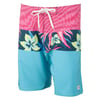 Colorful board shorts with a pink zigzag pattern, floral middle band, and blue lower section. Features a white drawstring and a small white patch at the bottom.