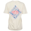 Light cream Ron Jon Surf Shop t-shirt with a large back graphic of flowers, leaves, and pineapples in blue and pink around the shop’s logo.