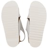 Bottom view of a pair of white sandals with textured soles and open toes.