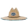 A wide-brimmed straw hat with a hexagonal Ron Jon Surf Shop logo patch on the front and a patterned trim around the edge of the brim.