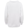 White sweatshirt displayed from the back, featuring long sleeves and a ribbed hem and cuffs.
