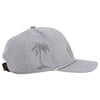 Grey baseball cap with a palm tree design on the side, a decorative rope above the brim, and an adjustable strap at the back.