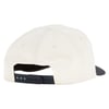 A white baseball cap viewed from the back, featuring blue adjustable snap closure and a dark brim partially visible on the right side.