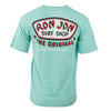 A seafoam colored T-shirt with Ron Jon Surf Shop The Original Long Beach Island, NJ printed on the back in red, black, and white lettering.