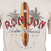 Beige t-shirt featuring a Ron Jon surfboard logo with palm trees, the text Custom Surfboards Est. 1959, and Ocean City, MD.