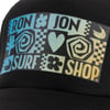 Close-up of a black cap featuring a colorful Ron Jon Surf Shop design with floral and spiral patterns.