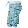 Light blue board shorts featuring a tropical island print with palm trees and flowers, and a tie waist.