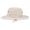 A beige safari hat with a wide brim and ventilation eyelets on the sides, featuring an adjustable chin strap.