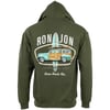 Back of a green hoodie featuring a retro car with a surfboard, Ron Jon text, and Its all about the ride! Cocoa Beach, Fla. printed below the image.