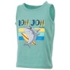Green sleeveless shirt featuring a cartoon shark holding a surfboard with colorful text in the background.