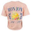 Peach-colored T-shirt with RON JON Surf Shop text and a design featuring lemon, orange, strawberry, and floral elements.