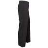 Black pants with an elastic waistband and vertical seam lines, shown from a side view.