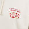 Close-up of a beige ONeill hoodie featuring the Ron Jon Surf Shop logo in red lettering on the chest.