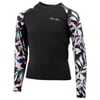 Long-sleeve rash guard with black body and colorful abstract-patterned sleeves. Small text logo on the chest.