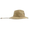 Wide-brimmed, light brown straw hat with a chin strap and a small decorative patch on the side, shown in profile view.