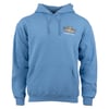 Blue hooded sweatshirt with a small printed logo on the left chest, featuring a drawstring hood and a front pouch pocket.