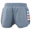 Blue shorts with a ribbed waistband and side pockets, featuring multicolored striped accents on the sides.