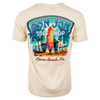 Beige T-shirt featuring Ron Jon Surf Shop logo, surfboards, and palm trees with Cocoa Beach, Fla. text on the back.