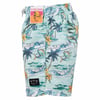 Blue floral and wave-patterned swimming trunks with a palm tree design and a tag reading The Endless Summer.