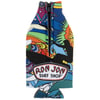 A colorful bottle cover with a psychedelic design, featuring a surfer silhouette and the text Ron Jon Surf Shop on the front.